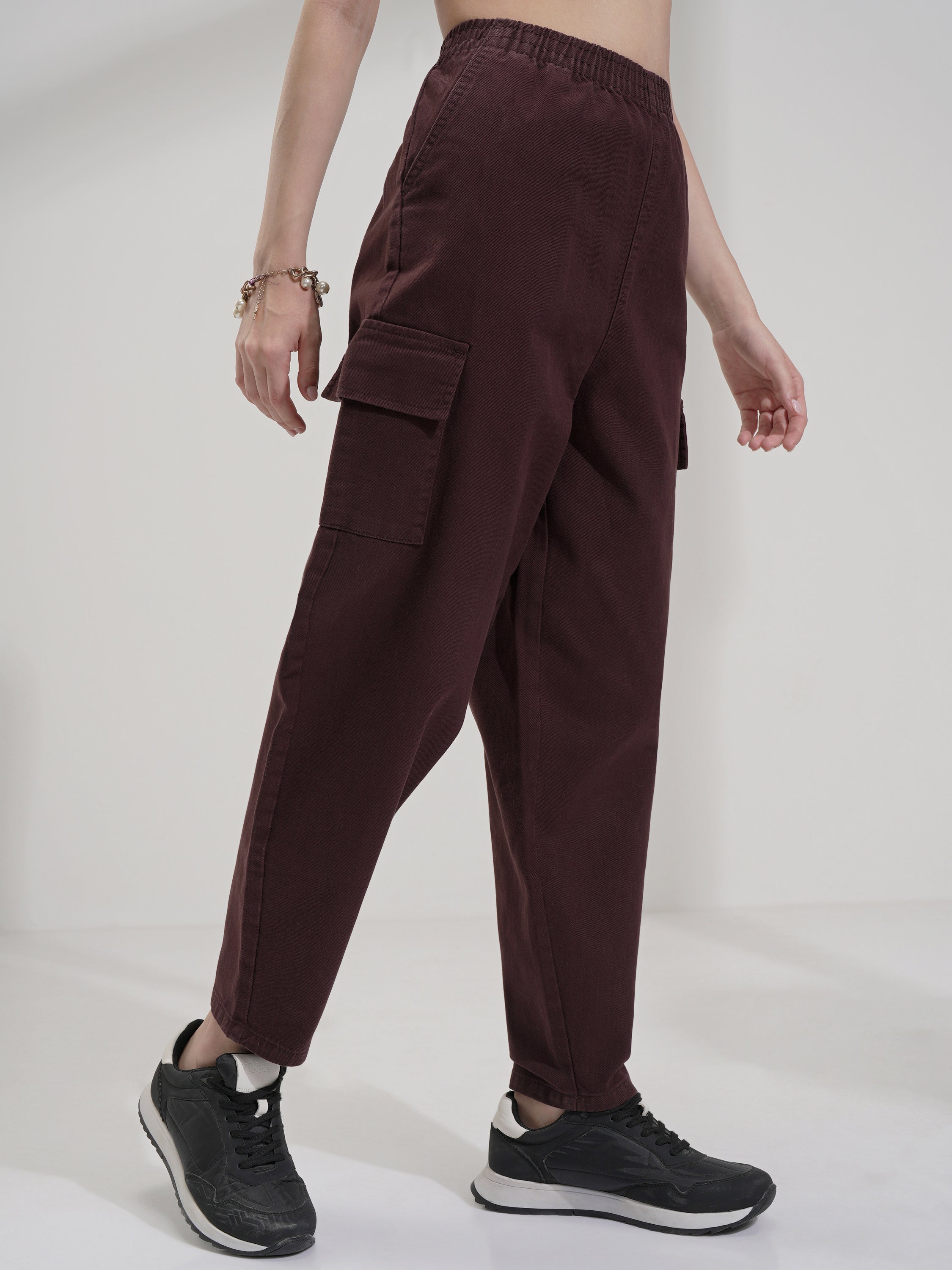 Tokyo Talkies Women Maroon Solid Mom Fit Cargos - Maroon - Image 6