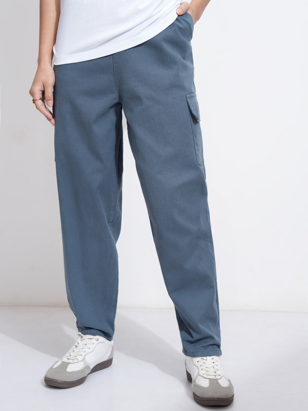 Tokyo Talkies Women Blue Solid Mom Fit Cargos - Blue - Image 1