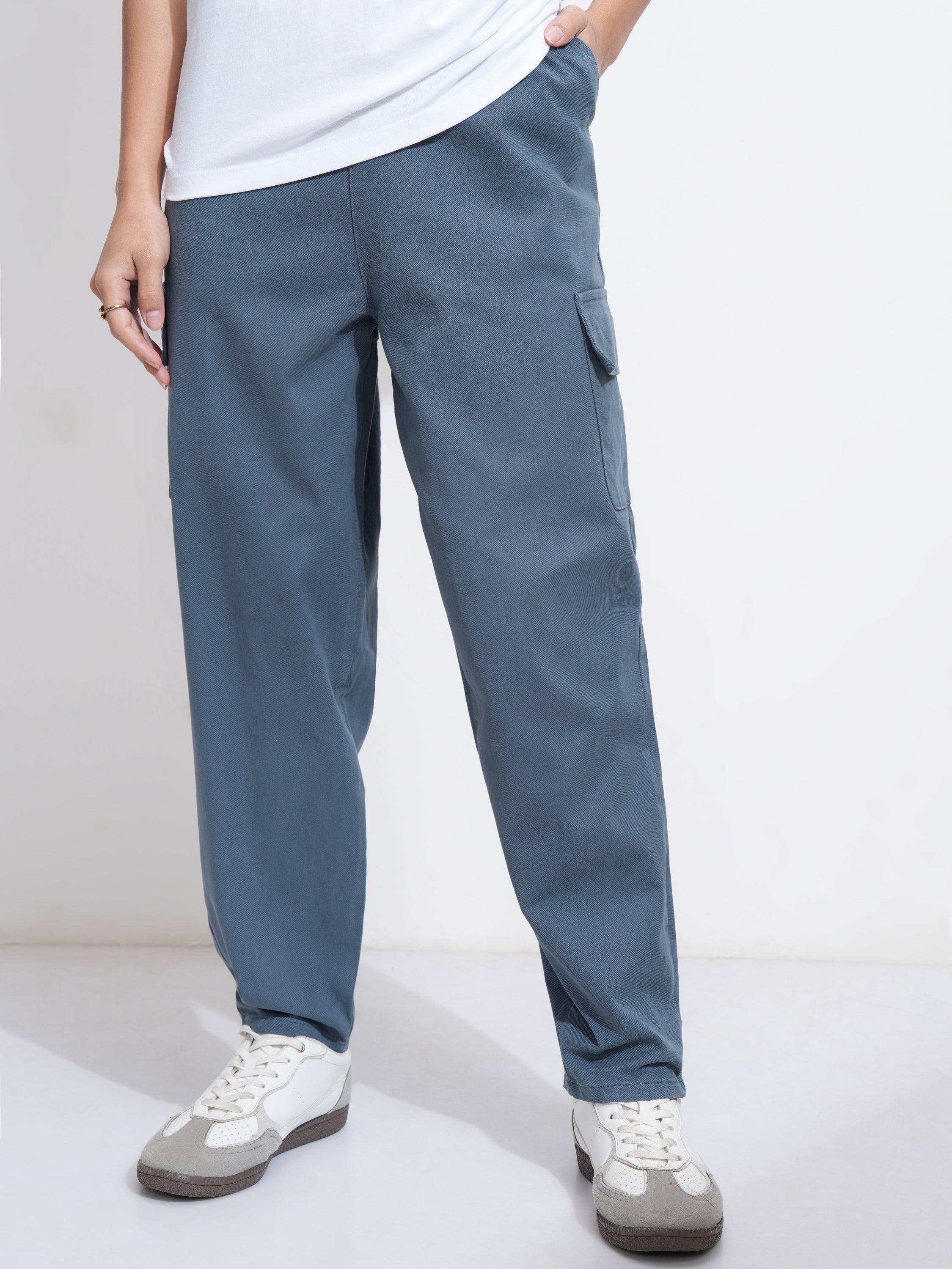 Tokyo Talkies Women Blue Solid Mom Fit Cargos - Blue - Image 1