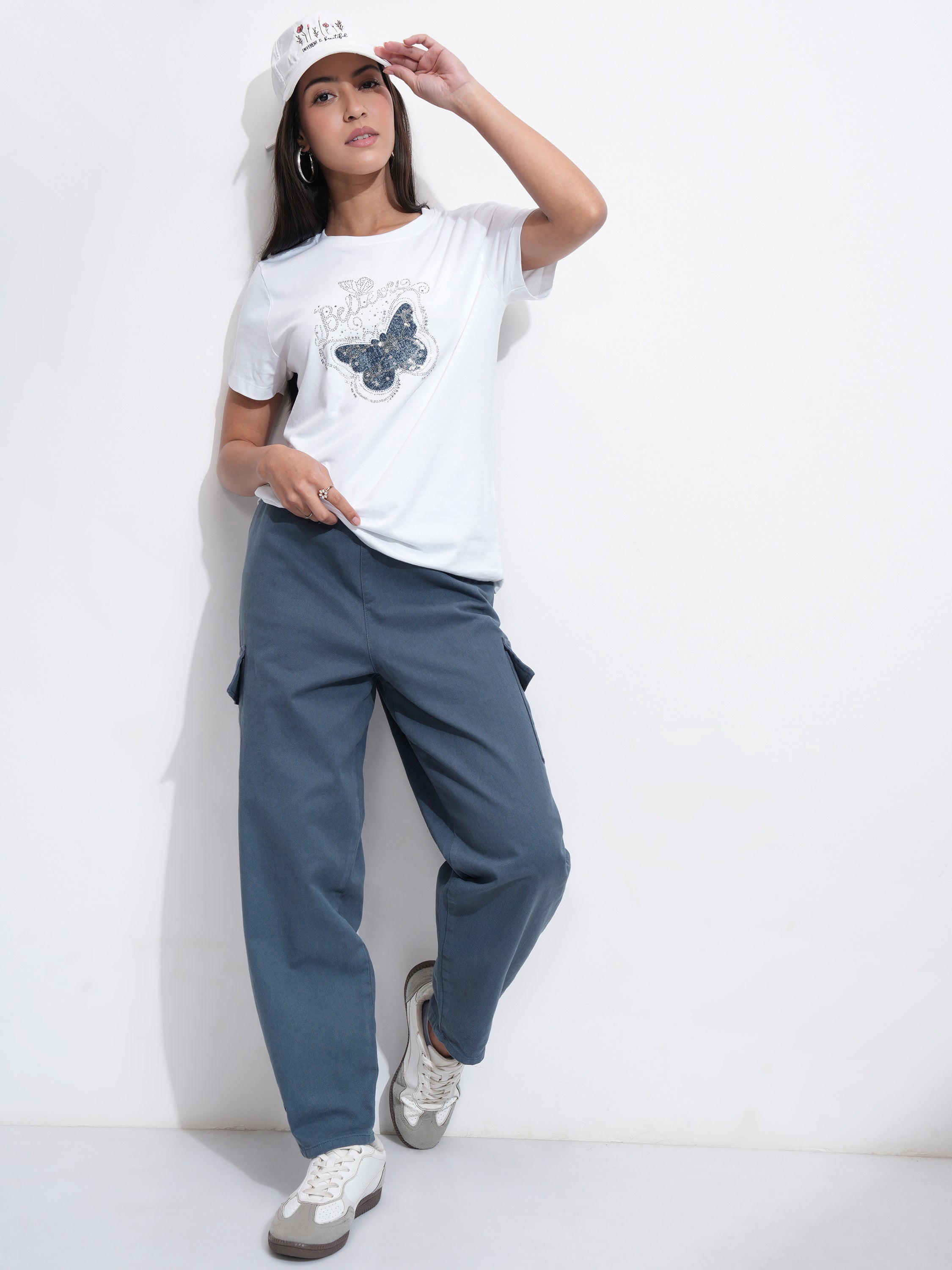 Tokyo Talkies Women Blue Solid Mom Fit Cargos - Blue - Image 2