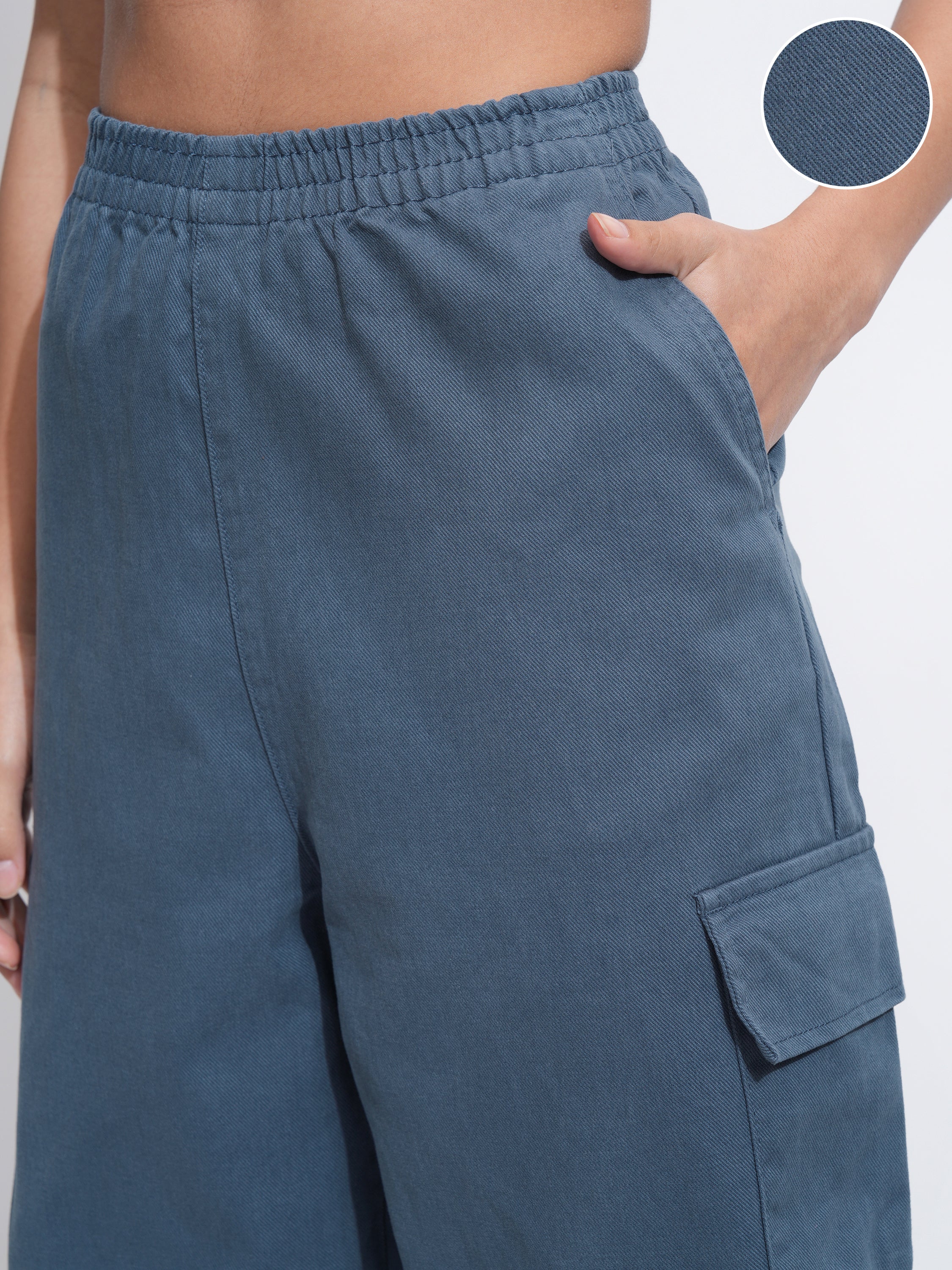 Tokyo Talkies Women Blue Solid Mom Fit Cargos - Blue - Image 5