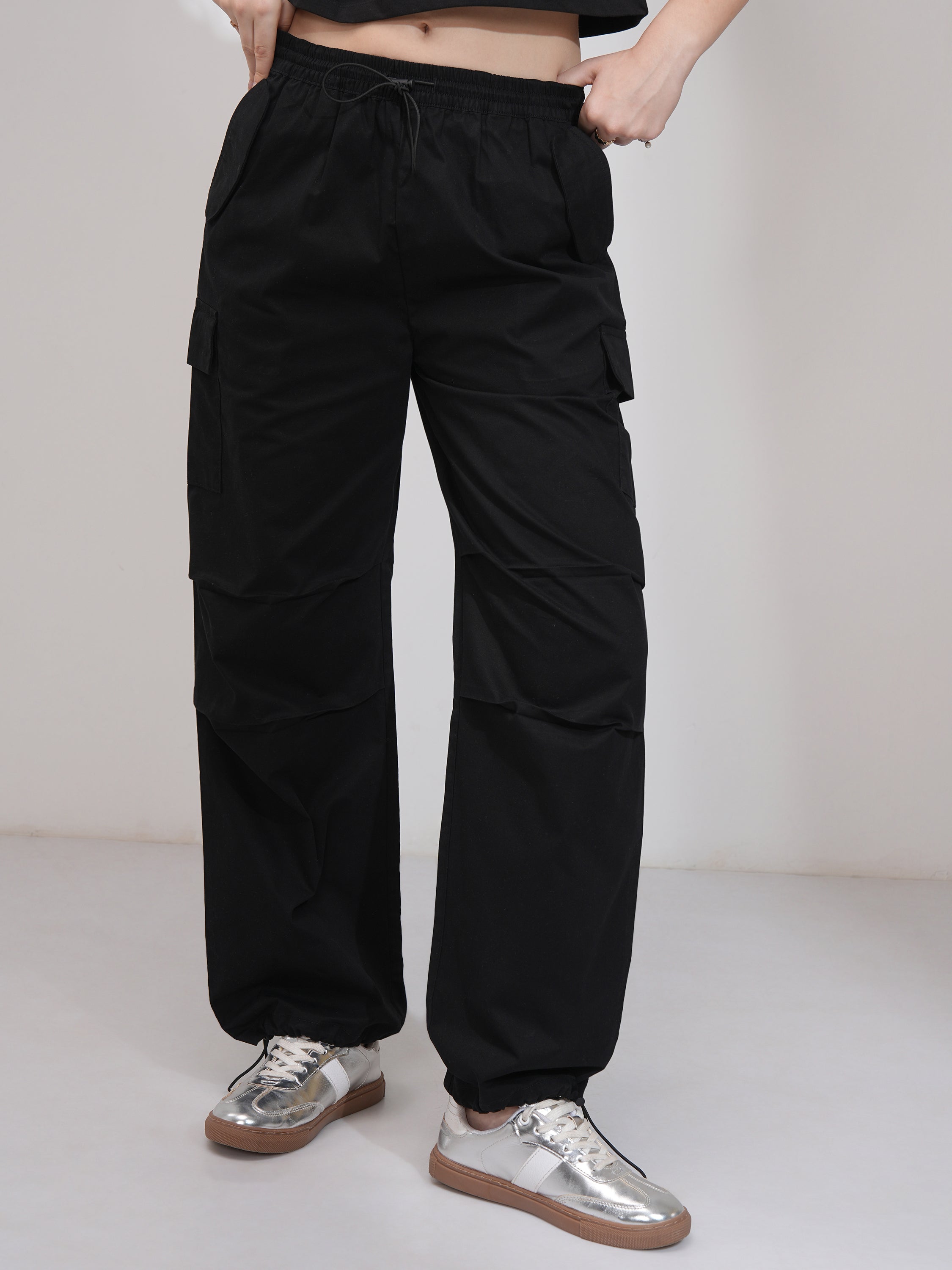 Tokyo Talkies Women Black Solid Straight Fit Cargos - Black - Image 1