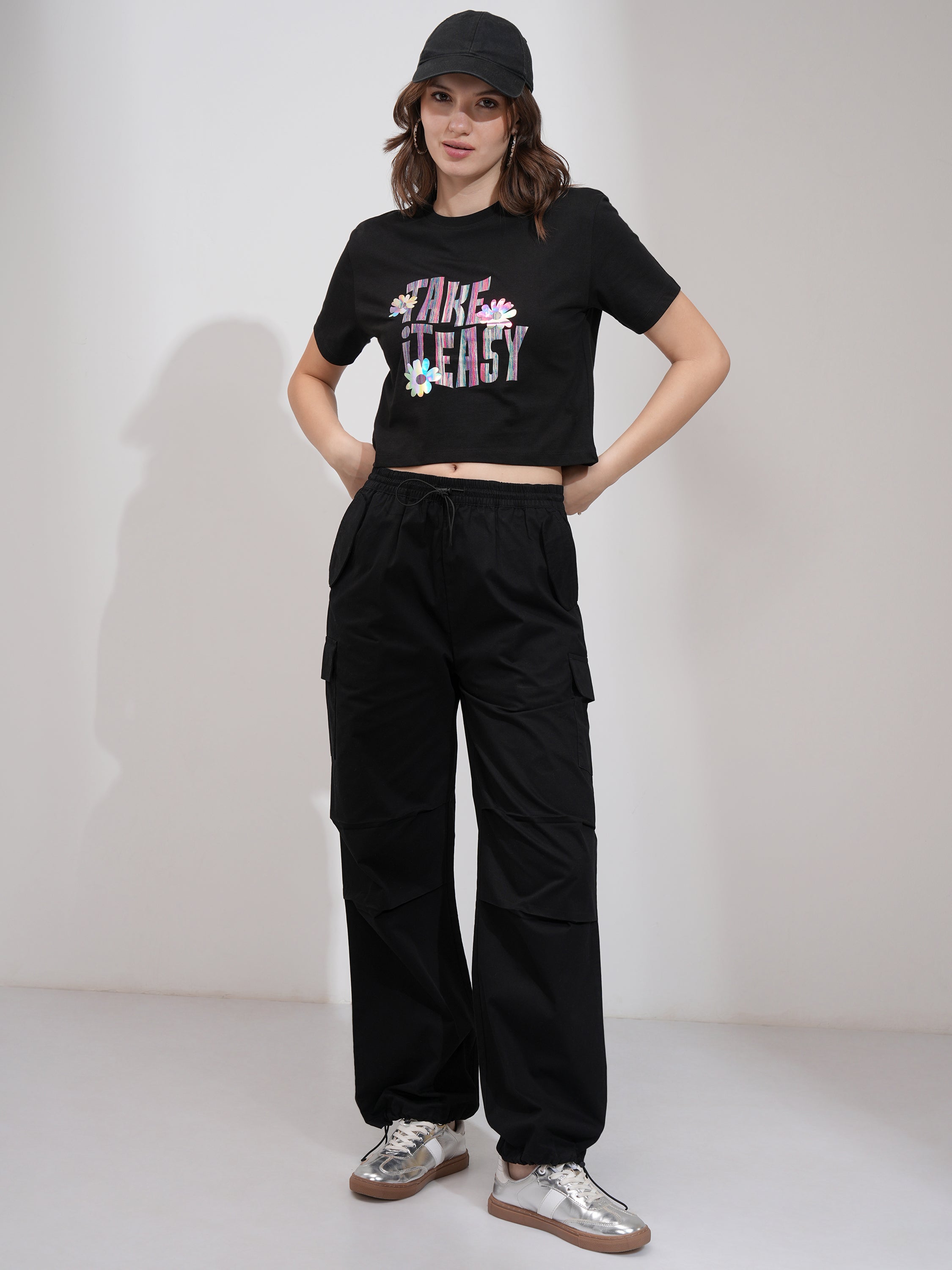 Tokyo Talkies Women Black Solid Straight Fit Cargos - Black - Image 2