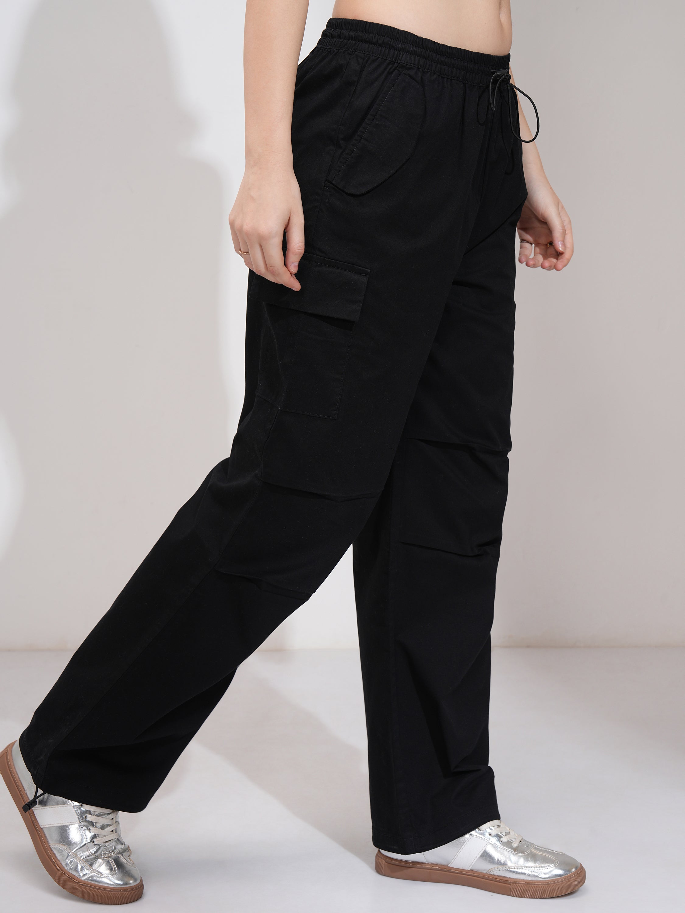 Tokyo Talkies Women Black Solid Straight Fit Cargos - Black - Image 6