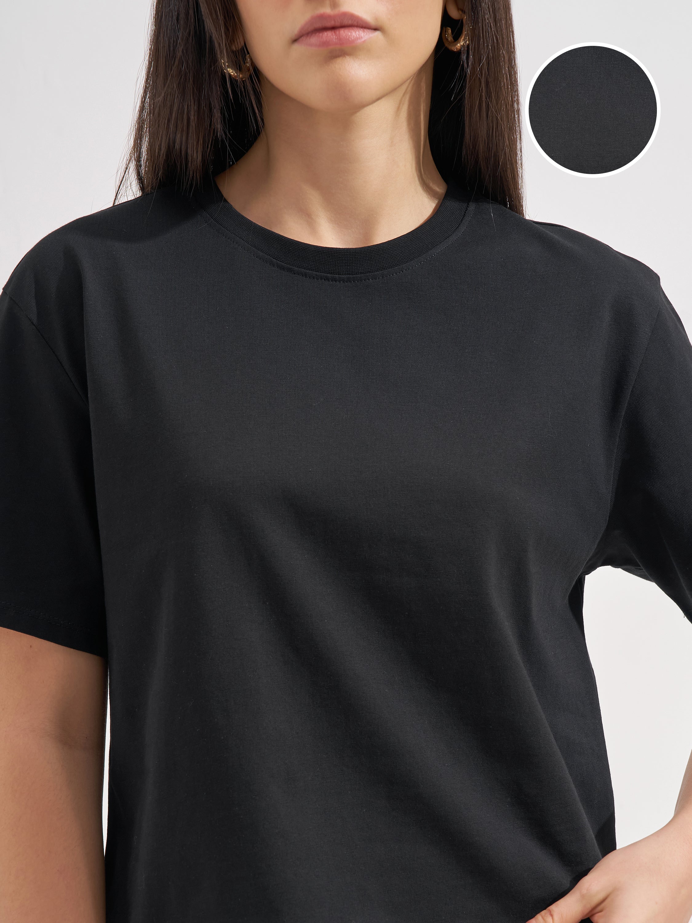 Tokyo Talkies Women Black Solid Round Neck T-Shirt