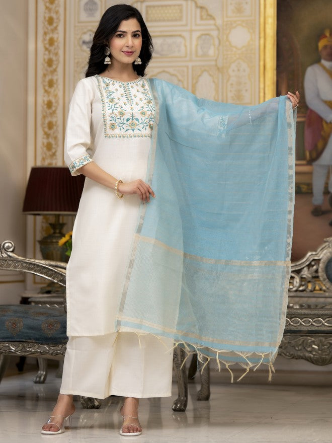 Vishudh Women Cream Embroidered Kurta With Palazzos And Dupatta - Cream - Image 1