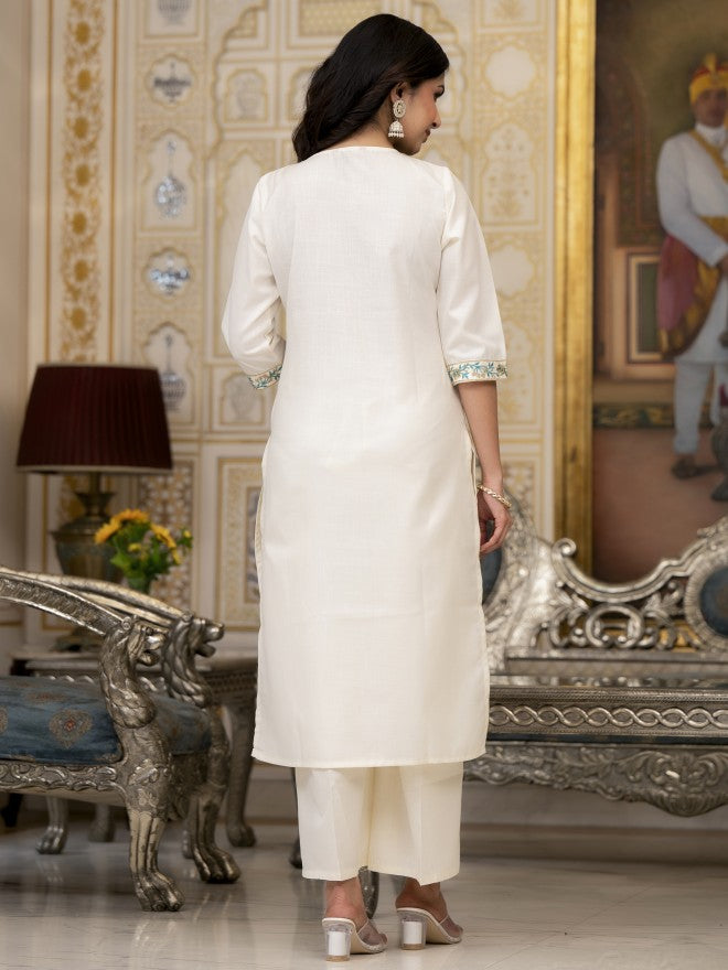 Vishudh Women Cream Embroidered Kurta With Palazzos And Dupatta - Cream - Image 3