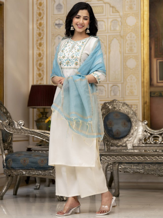 Vishudh Women Cream Embroidered Kurta With Palazzos And Dupatta - Cream - Image 4