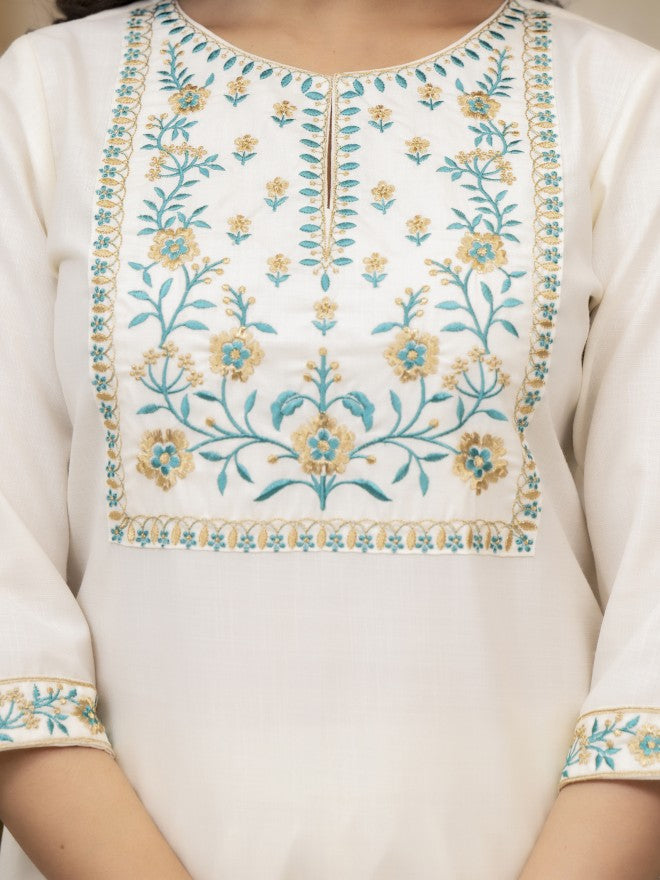 Vishudh Women Cream Embroidered Kurta With Palazzos And Dupatta - Cream - Image 5