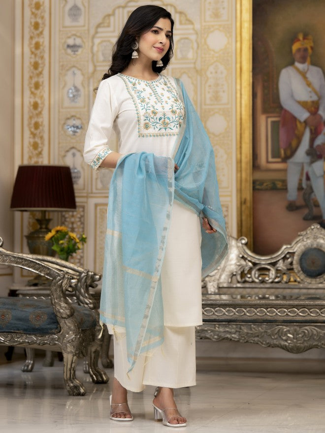Vishudh Women Cream Embroidered Kurta With Palazzos And Dupatta - Cream - Image 6