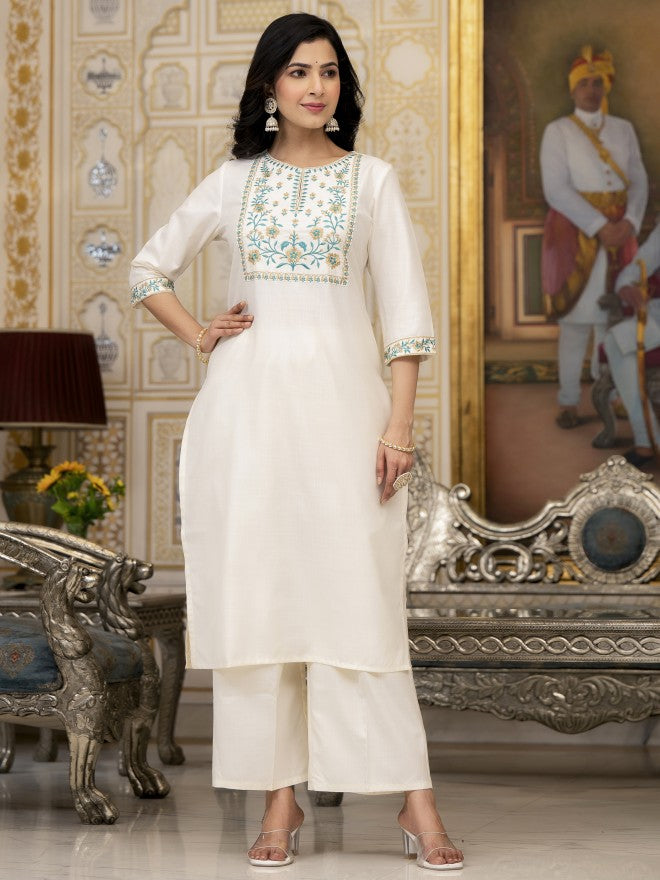 Vishudh Women Cream Embroidered Kurta With Palazzos And Dupatta - Cream - Image 8