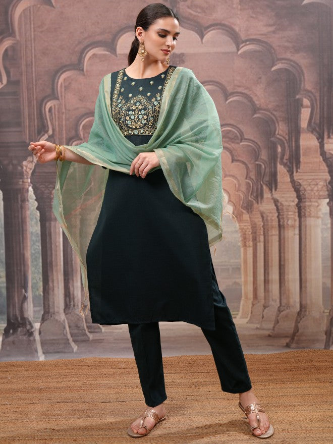 Vishudh Women Green Embroidered Kurta With Trouser And Dupatta - Green - Image 1
