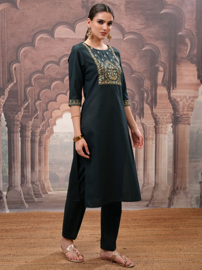 Vishudh Women Green Embroidered Kurta With Trouser And Dupatta - Green - Image 6