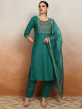Vishudh Women Green Embroidered Kurta With Trouser And Dupatta - Green - Image 1