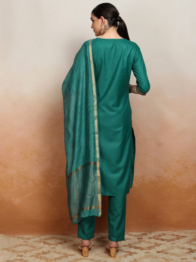 Vishudh Women Green Embroidered Kurta With Trouser And Dupatta - Green - Image 3