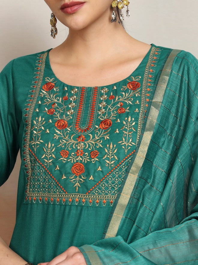 Vishudh Women Green Embroidered Kurta With Trouser And Dupatta - Green - Image 5