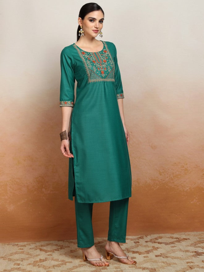 Vishudh Women Green Embroidered Kurta With Trouser And Dupatta - Green - Image 6