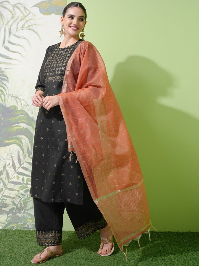 Vishudh Women Black Printed Kurta With Palazzos & Dupatta - Black - Image 2