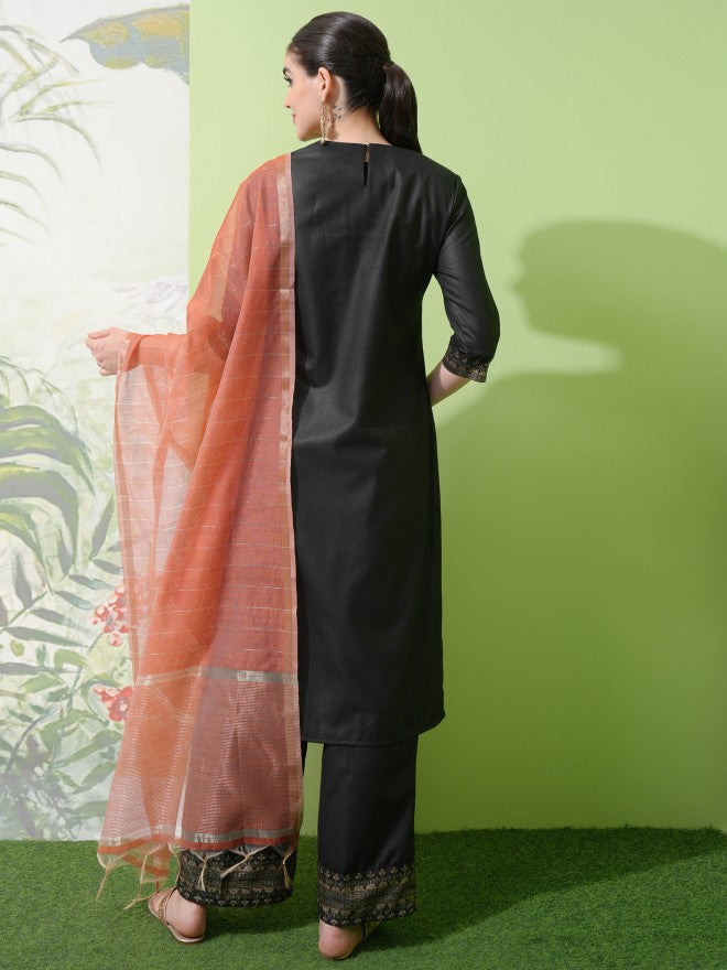 Vishudh Women Black Printed Kurta With Palazzos & Dupatta - Black - Image 3