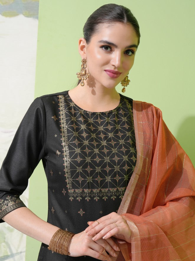 Vishudh Women Black Printed Kurta With Palazzos & Dupatta - Black - Image 8