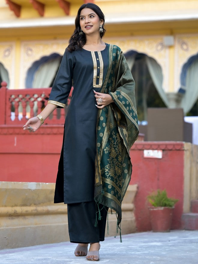 Vishudh Women Green Solid Kurta With Palazzo And Dupatta - Green - Image 1