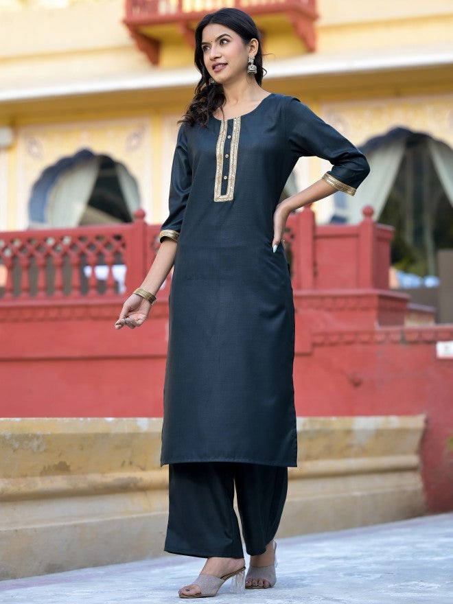 Vishudh Women Green Solid Kurta With Palazzo And Dupatta - Green - Image 4