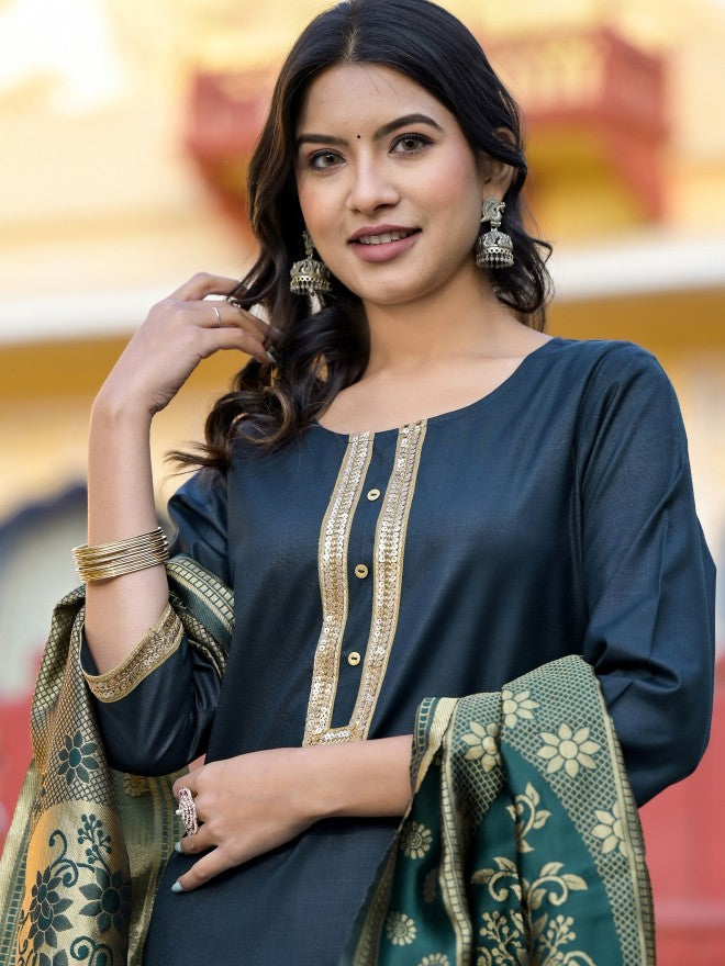 Vishudh Women Green Solid Kurta With Palazzo And Dupatta - Green - Image 5
