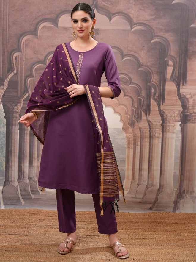 Vishudh Women Purple Solid Kurta With Trouser And Dupatta - Purple - Image 1