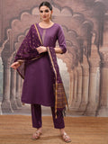 Vishudh Women Purple Solid Kurta With Trouser And Dupatta - Purple - Image 1