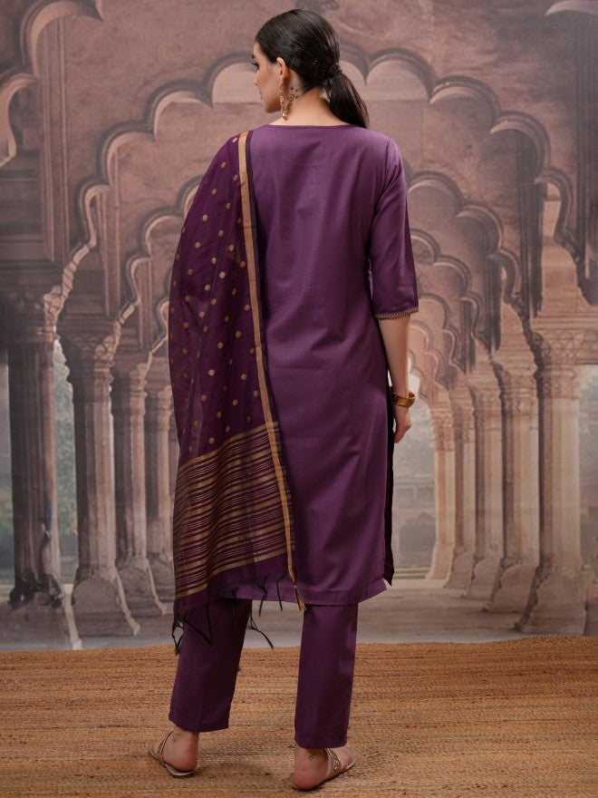 Vishudh Women Purple Solid Kurta With Trouser And Dupatta - Purple - Image 3