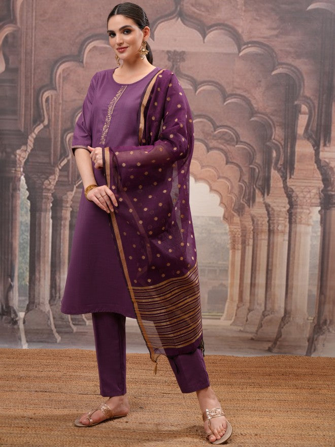 Vishudh Women Purple Solid Kurta With Trouser And Dupatta - Purple - Image 4