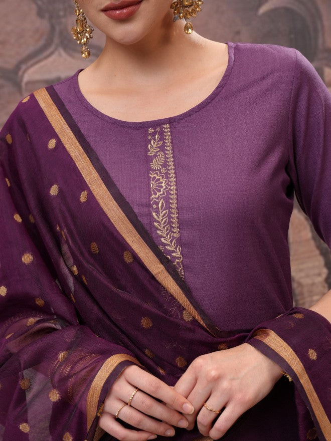 Vishudh Women Purple Solid Kurta With Trouser And Dupatta - Purple - Image 5
