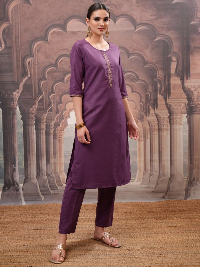 Vishudh Women Purple Solid Kurta With Trouser And Dupatta - Purple - Image 6