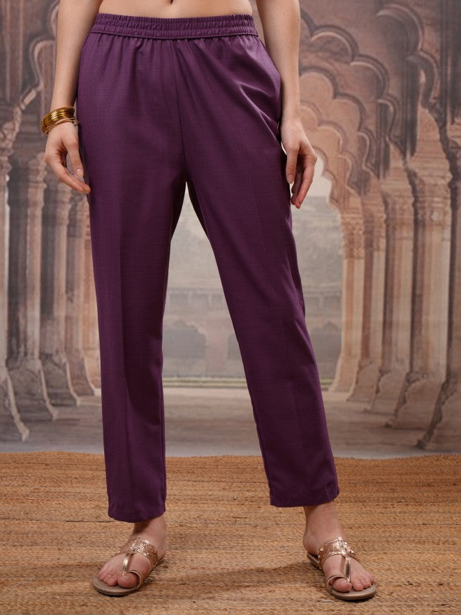 Vishudh Women Purple Solid Kurta With Trouser And Dupatta - Purple - Image 8