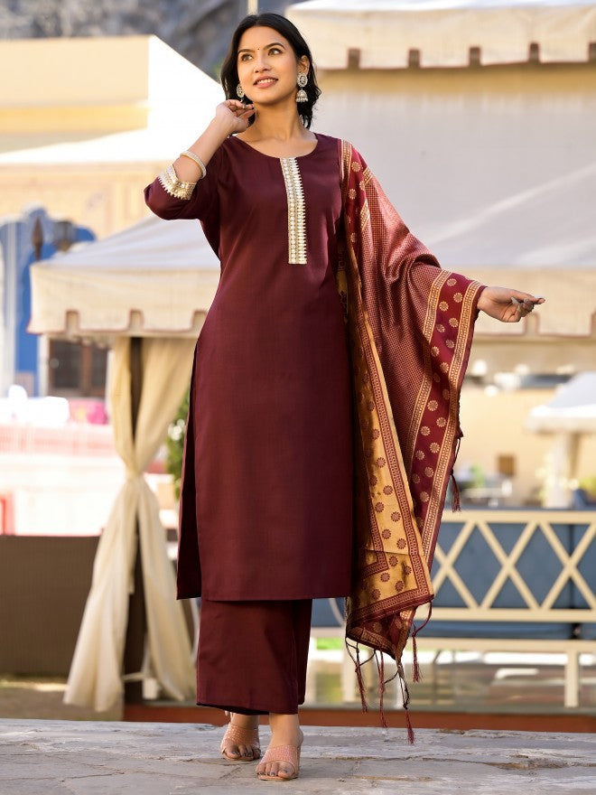 Vishudh Women Burgundy Solid Kurta With Palazzo And Dupatta - Burgundy - Image 1