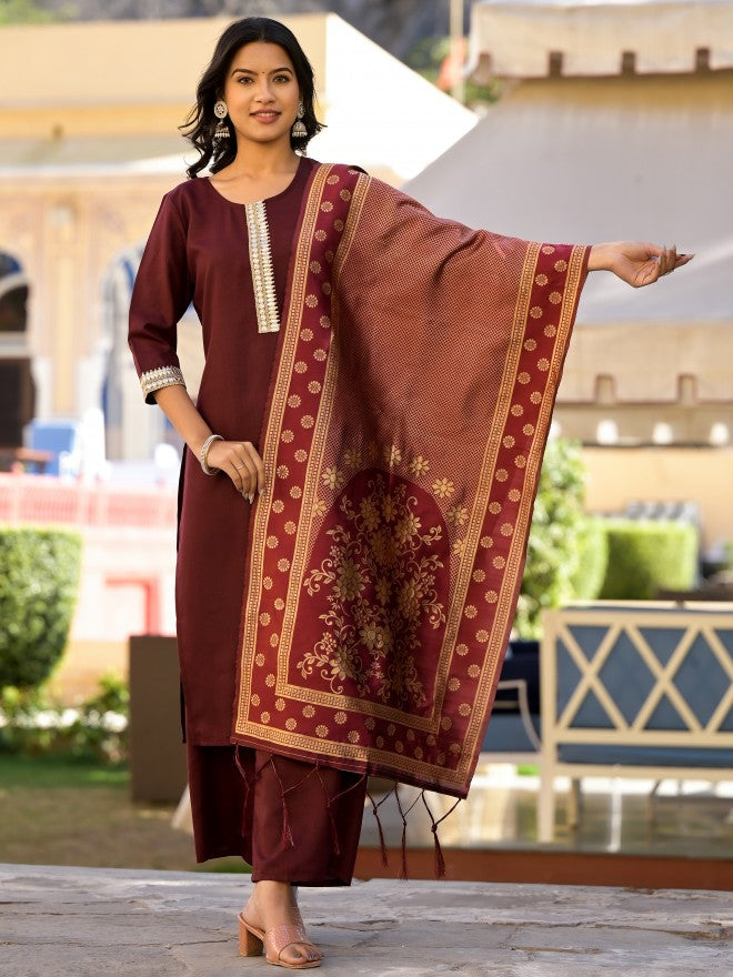 Vishudh Women Burgundy Solid Kurta With Palazzo And Dupatta - Burgundy - Image 2