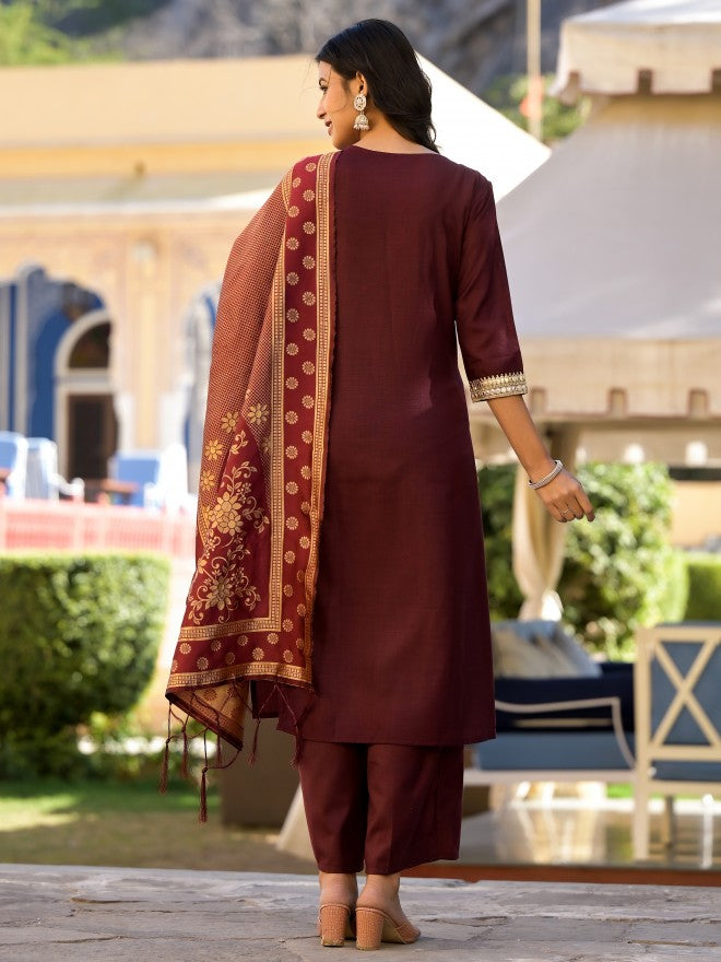 Vishudh Women Burgundy Solid Kurta With Palazzo And Dupatta - Burgundy - Image 3