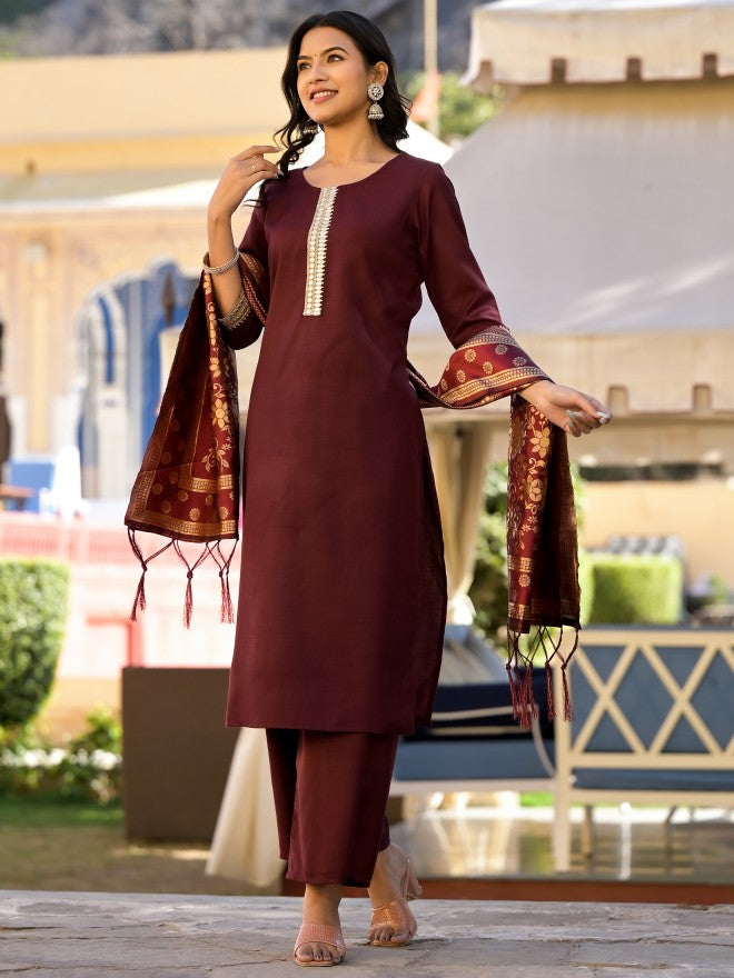 Vishudh Women Burgundy Solid Kurta With Palazzo And Dupatta - Burgundy - Image 4