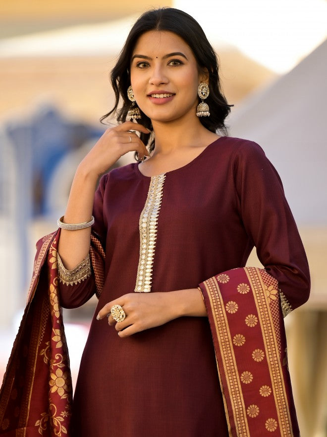 Vishudh Women Burgundy Solid Kurta With Palazzo And Dupatta - Burgundy - Image 5