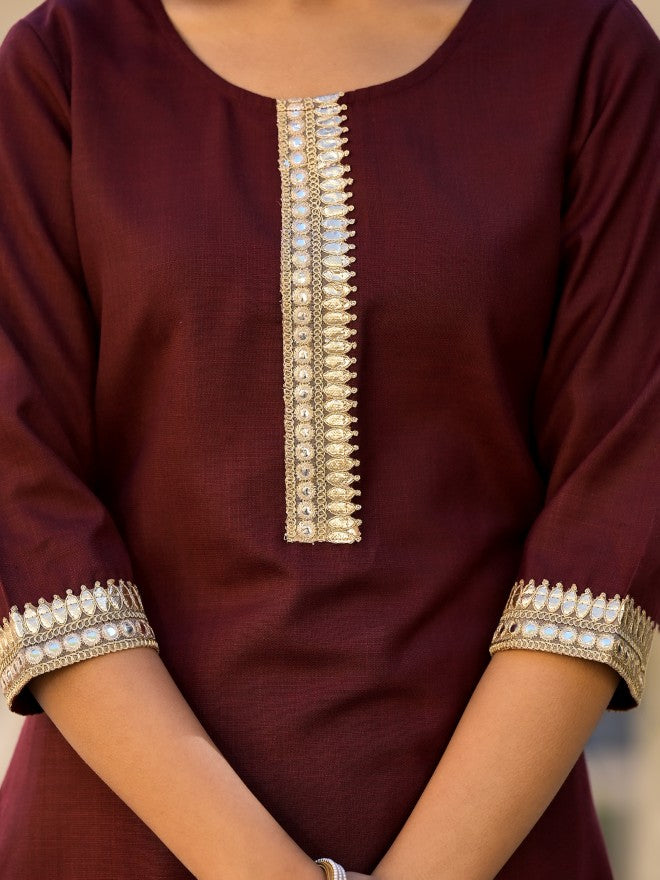 Vishudh Women Burgundy Solid Kurta With Palazzo And Dupatta - Burgundy - Image 6