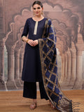 Vishudh Women Navy Blue Solid Kurta With Palazzo And Dupatta - Navy Blue - Image 1