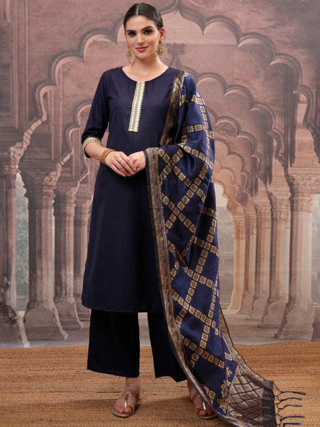 Vishudh Women Navy Blue Solid Kurta With Palazzo And Dupatta - Navy Blue - Image 1