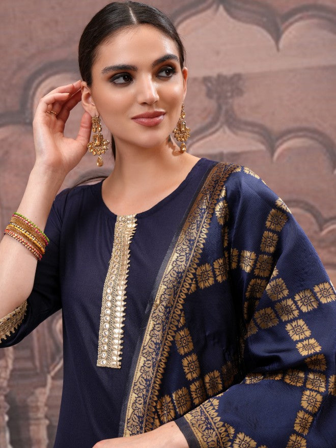 Vishudh Women Navy Blue Solid Kurta With Palazzo And Dupatta - Navy Blue - Image 2