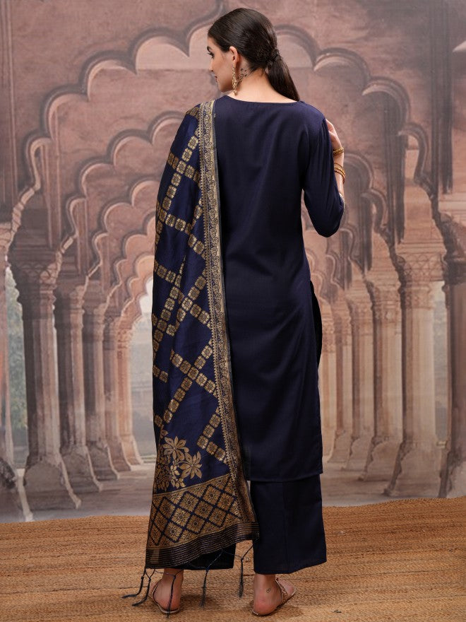 Vishudh Women Navy Blue Solid Kurta With Palazzo And Dupatta - Navy Blue - Image 3