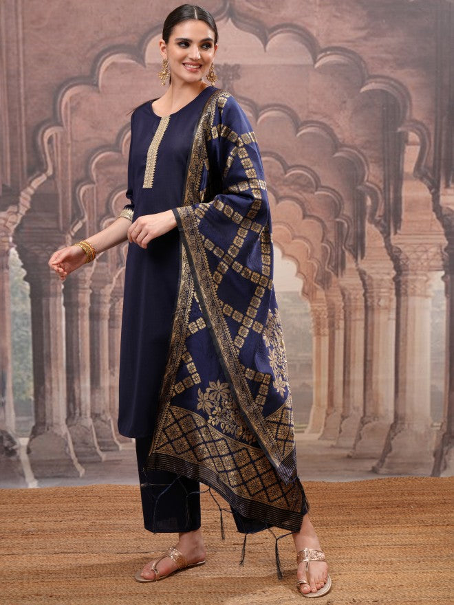 Vishudh Women Navy Blue Solid Kurta With Palazzo And Dupatta - Navy Blue - Image 4