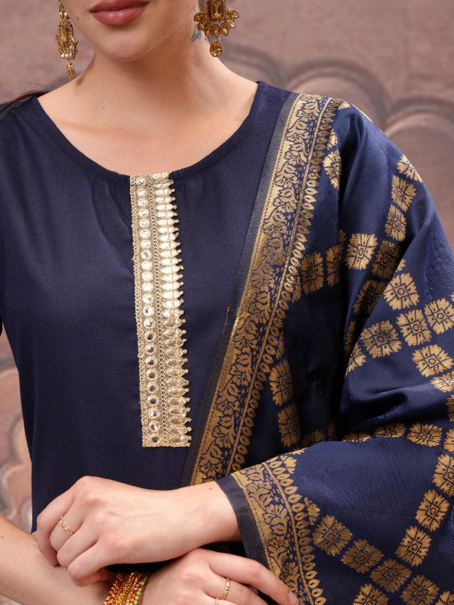Vishudh Women Navy Blue Solid Kurta With Palazzo And Dupatta - Navy Blue - Image 5