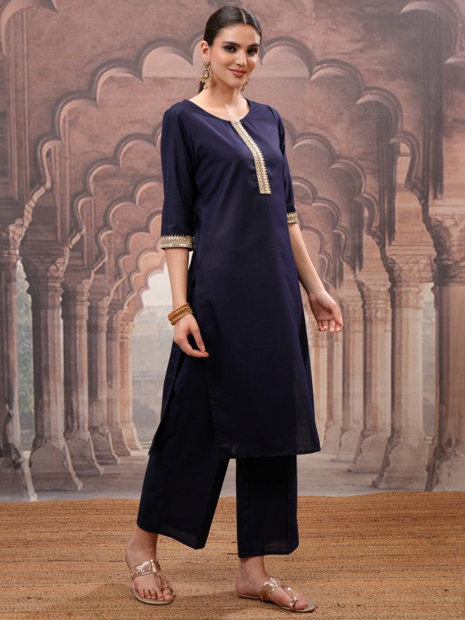 Vishudh Women Navy Blue Solid Kurta With Palazzo And Dupatta - Navy Blue - Image 6