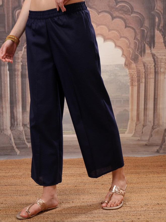 Vishudh Women Navy Blue Solid Kurta With Palazzo And Dupatta - Navy Blue - Image 8