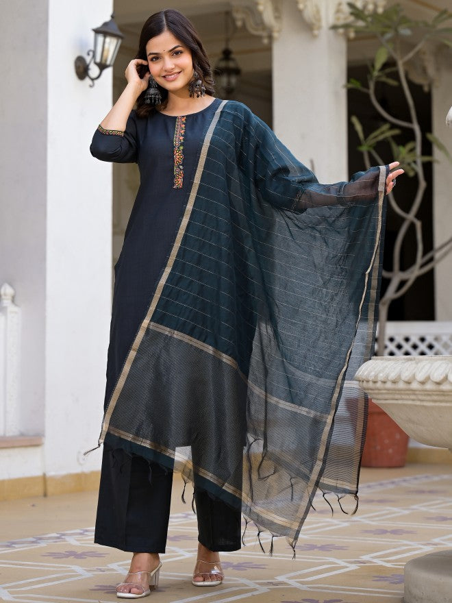 Vishudh Women Navy Blue Solid Kurta With Trouser And Dupatta - Navy Blue - Image 1