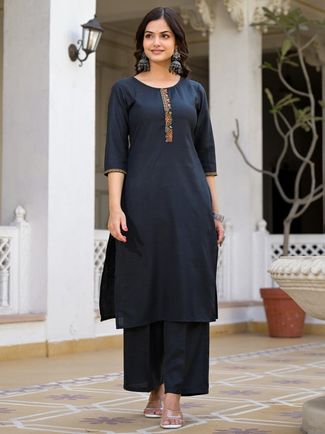 Vishudh Women Navy Blue Solid Kurta With Trouser And Dupatta - Navy Blue - Image 7